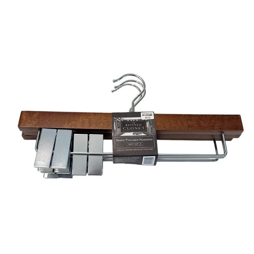 The Refined Closet Wooden Metal Clamp Hangers Pants Trousers Lot of 3 NEW